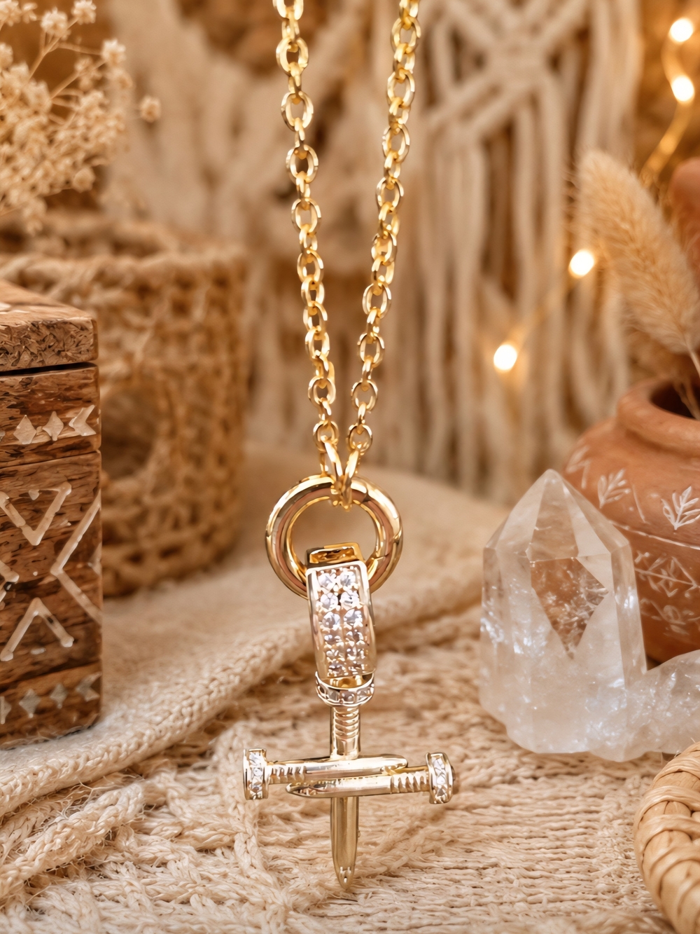 Gold Nail Pendant Necklace with Crystal Accents - Women Jewelry